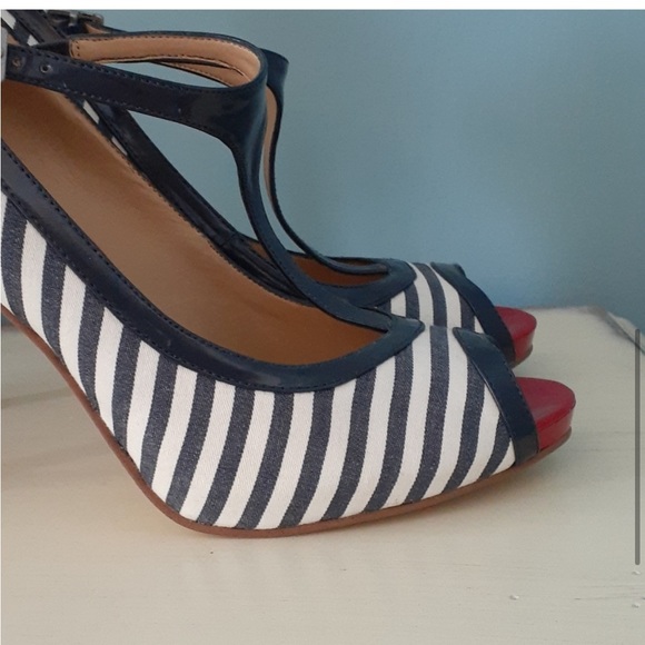 Nautical Sailor Navy Blue White Red Stripe Sailor Strappy 3.5 inch Heels - Picture 4 of 6